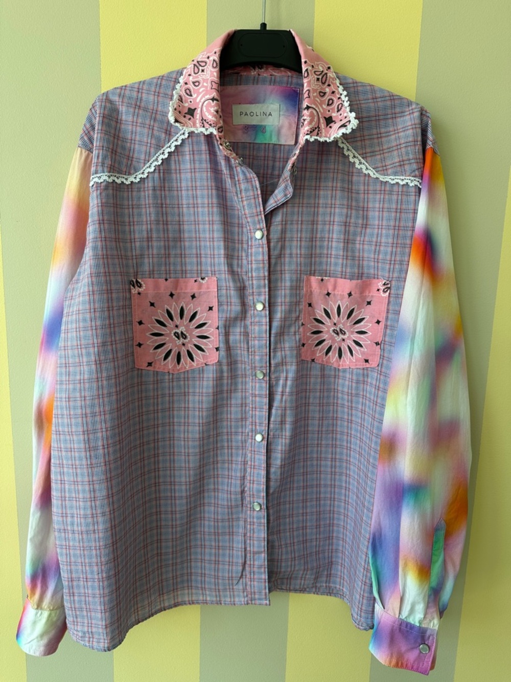 Plaid Button-Up Western Style Shirt with Multicolor Sleeves